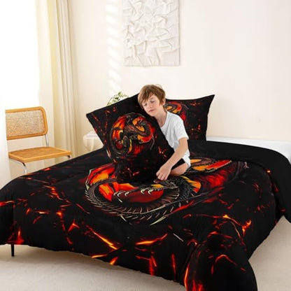Feelyou Dragon Comforter Set King Size Wild Life Bedding Set for Kids Boys Girls Jungle Dragon Duvet Quilt Black Red Bedroom Decor Microfiber 3 Pcs with 2 Pillow Cases