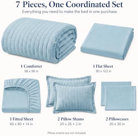 CozyLux Oversized Queen Seersucker Comforter Set, Light Blue, 98 x 98 in