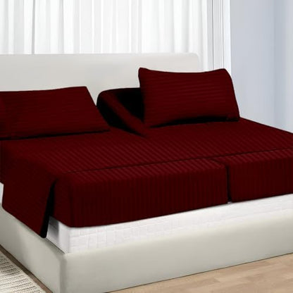NON Sticky cotton Adjustable Split Queen Sheet Set for Sleep Number Beds, Premium 100% Long Staple Cotton Bedding, Two 30" X 80" Fitted Sheets Fits Up to 18" Deep Mattress, Burgundy Stripe