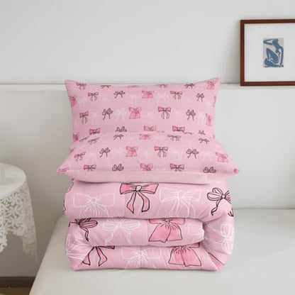 jejeloiu Bowknot Bedding Set Soft for Boys Girls, Pink Bow Comforter Set Toddler Size Bow-tie Duvet Quilt Microfiber Butterfly Bowknot Bedroom Decor 2 Pcs with 1 Pillow Cases