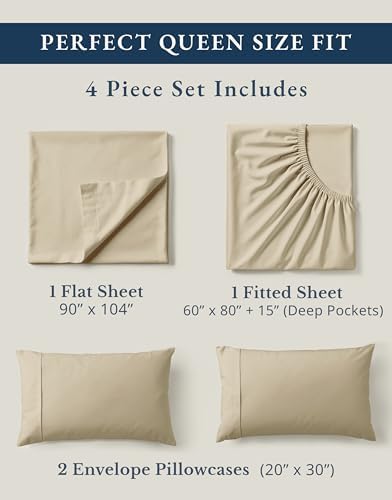 LANE LINEN 100% Organic Cotton Queen Size Sheets Set, Eco Friedly Mercerized Fully Elasticized Queen Sheets, Naturally Temperature Regulating Cooling Cotton Sheets- Linen
