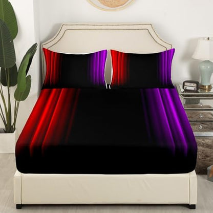 Feelyou Teens Abstract Ombre Decorations Bedding Set for Kids Women Red Purple and Black Bed Sheets Set Geometric Modern Fitted Sheet Sets Room 4Pcs Full Size