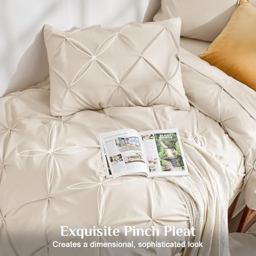 JOLLYVOGUE Twin XL Comforter Set 5 Pieces - Bed in a Bag Twin XL for All Season, Pintuck Bedding Comforter Sets with Comforter, Flat Sheet, Fitted Sheet and Pillowcases & Shams, Beige