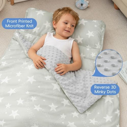 PHF Toddler Nap Mat with Removable Pillow and Minky Blanket, Rollup Design Kids Sleeping Mat, Slumber Bags for Boys Girls, 55"x23" Toddler Sleeping Bag for Daycare Preschool Travel Camping, Stars