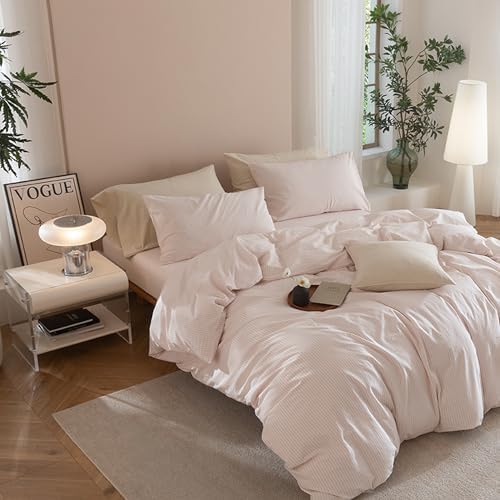 JIYUAN Full Washed Cotton Duvet Cover Set, 3-Piece, Linen-Like Pinstripe