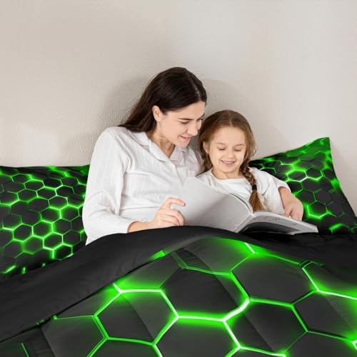 Erosebridal Geometric Comforter Set Full Size,Teen Boys Green Black Neon Light Honeycomb Bedding Sets,Hexagon Comforter Modern Fashion Quilted Duvet 2 Pillow Cases Home Room Decor