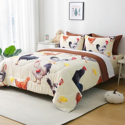 Wajade Chicken Comforter Set 7 Pcs Animal Theme Bedding Set Twin Size for Kids Adults Chicken Quilt Farm Theme Printed Pattern for Thanksgiving Birthday