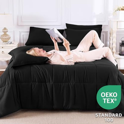 CozyLux Queen Comforter Set Black - 7 Pieces Bed in a Bag Queen, All Season Soft Bedding Set, Oeko-Tex Certified Bed Set with Down Alternative Comforter, Sheets, Pillowcases & Pillow Shams (Pack of 2)