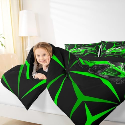 Castle Fairy Extreme Sport Theme Green Racing Car Bedding Set King Size,Abstract Geometric Lines Comforter Set for Teens Adult Men Bedroom,Race Car Ultra Soft Bedding Set with 2 Pillowcases,3Pcs