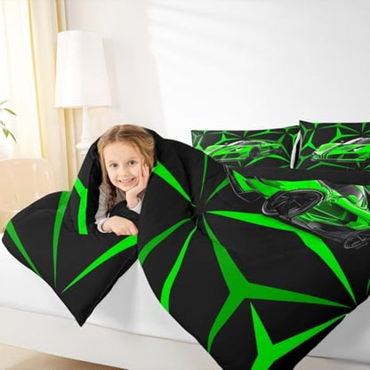 Castle Fairy Extreme Sport Theme Green Racing Car Comforter Set Full Size,Abstract Geometric Lines Duvet Sets for Kids Teens Adults Bedroom Decor,Race Car Microfiber Soft Bedding Comforter,3 Pcs