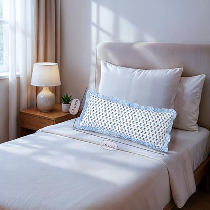 CPC Block Print Arctic Blue Ruffle Cotton Lumbar Pillow Cover 14x36 inch