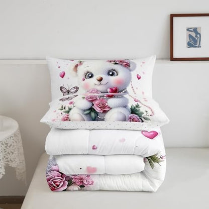 Feelyou Kids Cute Bear Comforter Set Toddler Pink Rose Butterfly Love Heart Bedding Set Boys Girls Flowers Floral Quilt Set Cartoon Kawaii Animal Pattern Bed Set