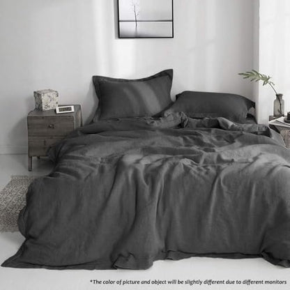 Simple&Opulence 100% Linen Duvet Cover Set with Embroidery Border Washed - 3 Pieces (1 Duvet Cover with 2 Pillow Shams) with Button Closure Soft Breathable Farmhouse - Dark Grey, Full Size