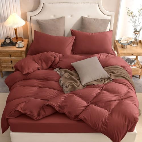 PURE ERA Jersey Knit Duvet Cover Set Solid Brick Red Queen