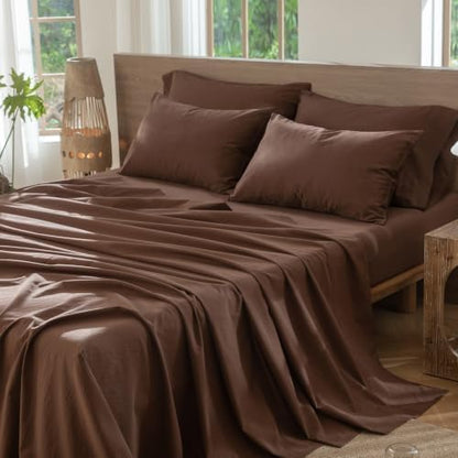 MooMee Sheet Set 100% Washed Cotton Linen-Like Extra Deep Pocket Queen