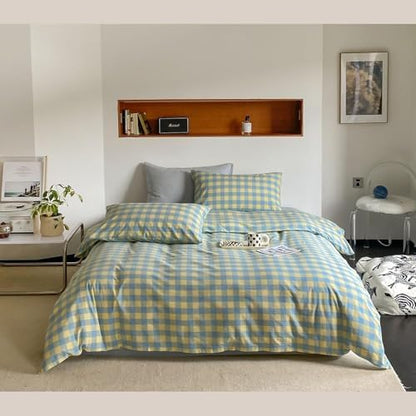 mixinni Plaid Duvet Cover Set King Yellow - Soft Washed Cotton Modern Geometric Bedding Set with 2 Pillowcases, Blue Green Gingham Grid King Duvet Cover for Men & Women, Soft & Lightweight