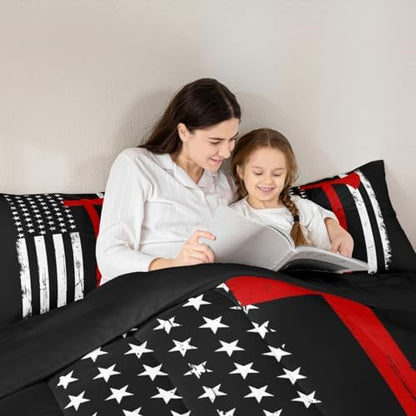Castle Fairy Teens Firefighter Comforter Set Full Size,American Flag Bedding Set for Kids Boys Adult Bedroom Decoration,Fireman Bed Duvet Insert,Red Black White Comforter with 2 Pillowcase