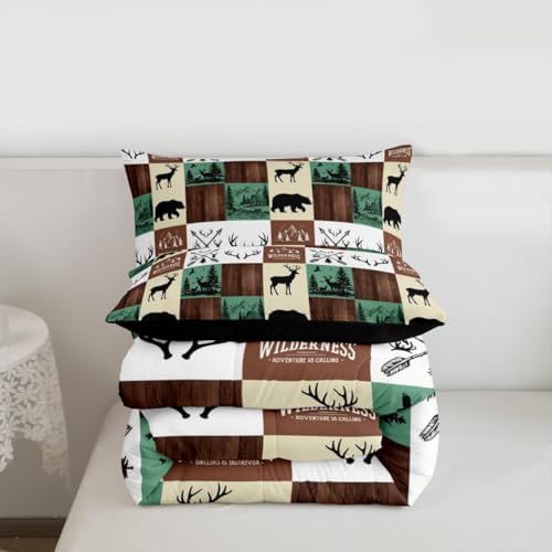 Hunting Bear Deer Bedding Set, Farmhouse Lodge Cabin Comforter Set Full Size for Kids Boys Teens Bedroom Decor, Rustic Woodland Moose Duvet Insert Western Country Patchwork Quilt with 2 Pillow Cases
