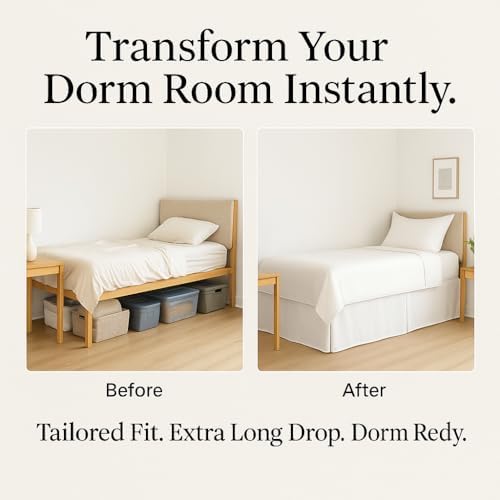 Pleated College Dorm Bed Skirt Luxury Microfiber, Twin XL (39x80) with Split Corners, 46" Long Drop, Hotel-Quality 1800 Ultra-Soft Dust Ruffle, Ivory