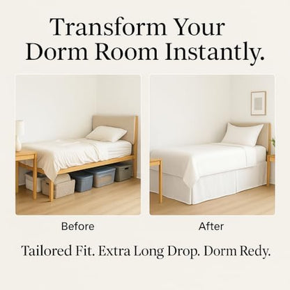 Pleated College Dorm Bed Skirt Luxury Microfiber, Twin XL (39x80) with Split Corners, 46" Long Drop, Hotel-Quality 1800 Ultra-Soft Dust Ruffle, Ivory