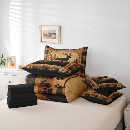 Erosebridal Plaid Deer Bed in A Bag 7 Pcs Vintage Rustic Wildlife Comforter Set for Kids Boys Girls Animal Bear Paw Hunting Bedding Sets Full Countryside Forest Cabin Sheet Set with Comforter