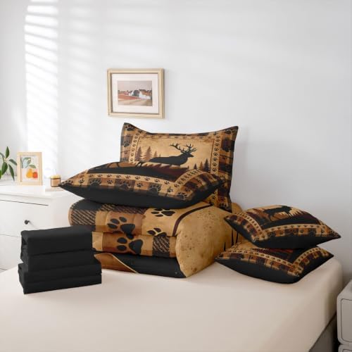 Erosebridal Plaid Deer Bed in A Bag 7 Pcs Vintage Rustic Wildlife Comforter Set for Women Men Animal Bear Paw Hunting Bedding Sets King Countryside Forest Cabin Sheet Set with Comforter