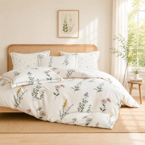 King Comforter Set 3 Pieces, 100% Cotton Botanical Floral Bedding Set for All‑Season, Soft Breathable Comforter with 2 Pillow Shams
