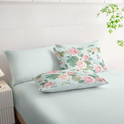 7Pcs Comforter Set Butterfly Flowers Green Leaves Printed Bedding Set with 1 Comforter,1 Flat Sheet,1 Fitted Sheet and 4 Pillowcases for Boys and Girls Bedroom All Season(Full)