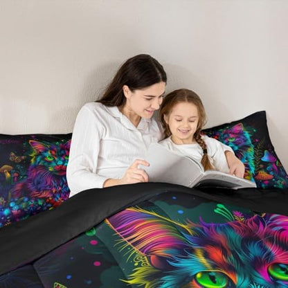 Manfei Neon Cat Kids Comforter Set Full Size,Daisy Flowers Mushroom Botanical Rustic Bedding Set,Girls Boys Room Decor,Butterfly Leaf Jungle Quilt Comforter,Farmhouse Retro Duvet Insert,2 Pillowcases