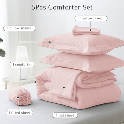 JOLLYVOGUE Twin XL Comforter Set, Ultra-Soft Bed in a Bag Twin XL Size 5 Pieces, Oeko-TEX Certified Bedding Set with Down Alternative Comforter, Sheets, Pillowcases & Shams, Blush Pink