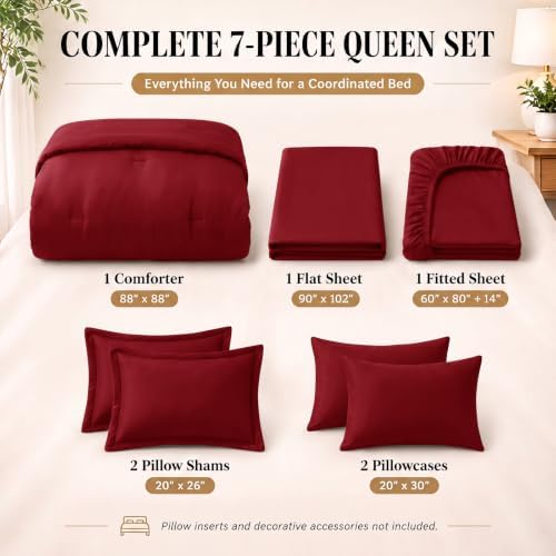 CozyLux Queen Comforter Set Dark Red, 7 Pieces Bed in a Bag