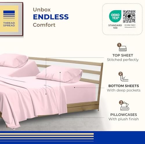 THREAD SPREAD Split King Sheet Set, Luxury 1000 Series Paradise Collection 100% Egyptian Cotton Split King Sheets Sets for Adjustable Bed (5 PC, Blush), Soft, 16" Deep Pocket Hotel Sheets