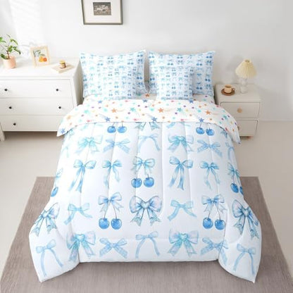 Erosebridal Blue Cherry Bow Queen Comforter Set with Sheets Cute Silk Ribbon Bowknot 7 Piece Bedding Set, Princess Bow Tie Dreamy Kawaii Bed in a Bag, Princess Room Decor Aesthetic