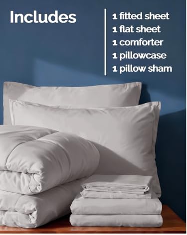 Twin Comforter Set - 5 Piece Bed in a Bag Twin Size Bed Set - Light Grey