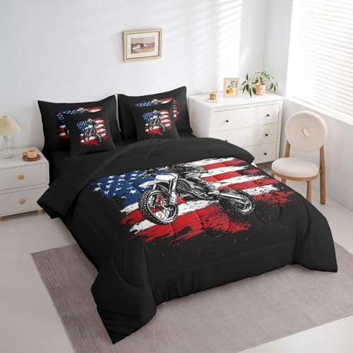 Erosebridal Motorcycle 7 Piece Bedding Set Full Size,American Flag Bed in a Bag,Extreme Sports Bed Set Includes Comforter, Sheet Set, Pillowcases & Pillow Covers All Season Bedroom Decor