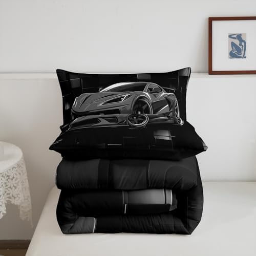 Erosebridal Cool Car Bedding Set Full Size Grey Racing Car Comforter Set 3 Pieces Modern Abstract Geometric Checkered Bedding Comforter Sets Speed Sports Car Down Comforter Teens Bedroom Decor