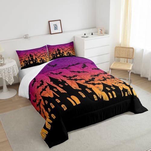Homewish Castle Silhouette Full Size Comforter Set,Orange Purple Bedding Set for Adults Teens,Children Black Bat Comforter Luxury Halloween Theme Quilt Set Room Decor 3Pcs