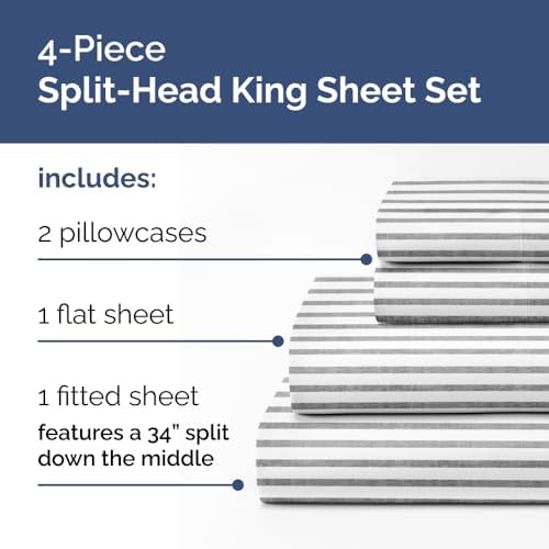 Flex Top Split Head King 4 Piece Sheet Set - Soft & Cooling - Grey Stripes
