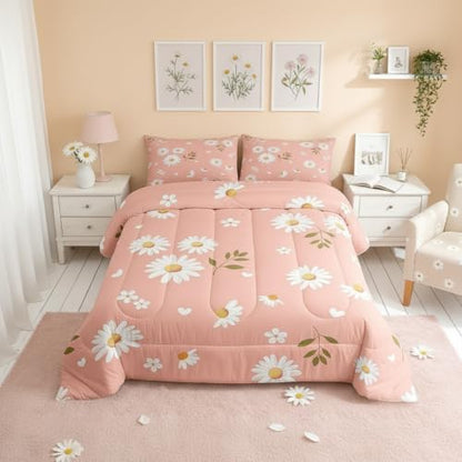 Homewish Girls Daisy Flowers Twin Size Comforter Set,Kids Petals and Leaves Decor All Season Bedding Set,Teens Pink and White Comforter,Children Daisy Decor Quilt Set Bedroom Collection 2Pcs