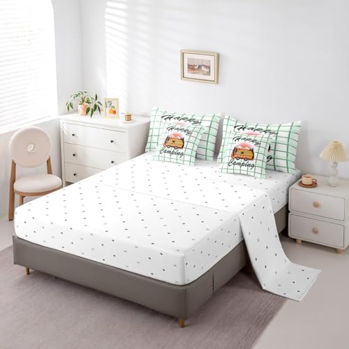 Erosebridal Happy Camping Comforter Set Twin Size,Cartoon RV Bedding Set for Kids Teens,Green Buffalo Plaid (Comforter+Fitted+Flat Sheet+2 Pillowcases+2 Throw Pillow Covers) 7 Pieces Bed Set