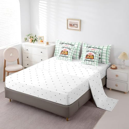 Erosebridal Happy Camping Comforter Set Twin Size,Cartoon RV Bedding Set for Kids Teens,Green Buffalo Plaid (Comforter+Fitted+Flat Sheet+2 Pillowcases+2 Throw Pillow Covers) 7 Pieces Bed Set
