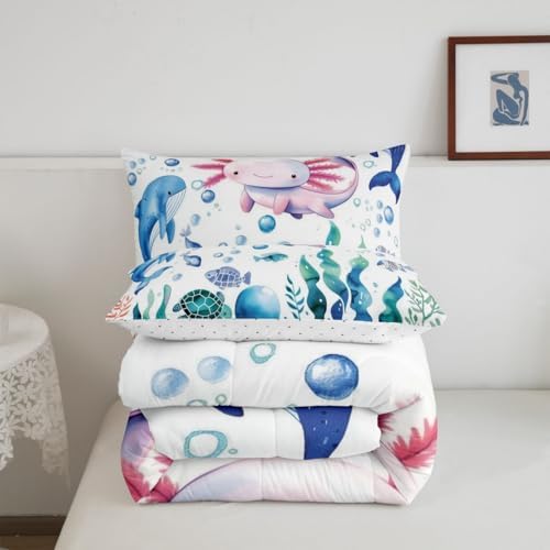 Feelyou Axolotl Bedding Set, King Size, Cute Axolotl Gifts for Girls Boys Kids Women Adults Bedding Set, Ultra Soft Axolotl Cuttlefish Pattern Comforter, Kawaii Ocean Sealife,Duvet Quilt, Quilt