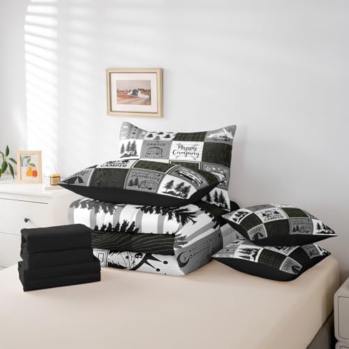Erosebridal Camper Bed in A Bag for Bunks,Happy Camping Twin Comforter Set 7 Piece for Travel Trailers Rustic Farmhouse Buffalo Plaid Bedding Sets Rv Decor for Inside,Adventure Camper Bed Set
