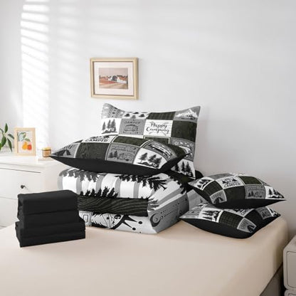 Erosebridal Camper Bed in A Bag for Bunks,Happy Camping Twin Comforter Set 7 Piece for Travel Trailers Rustic Farmhouse Buffalo Plaid Bedding Sets Rv Decor for Inside,Adventure Camper Bed Set