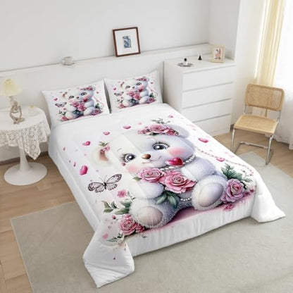 Feelyou Kids Cute Bear Comforter Set Toddler Pink Rose Butterfly Love Heart Bedding Set Boys Girls Flowers Floral Quilt Set Cartoon Kawaii Animal Pattern Bed Set