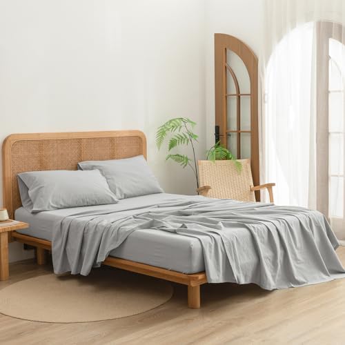 BESTOUCH Queen Washed Cotton Linen Feel Sheets 4 Pcs Northern Droplet Grey