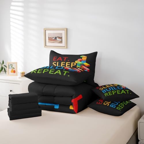 Feelyou Colorful Toy 7 Piece Bedding Set Teen Women Men Funny Building Blocks Decoration Comforter Set with Sheets Twin Size Kids Boys Cute Games Bed in a Bag Colorful Geometric Brick Room Decor