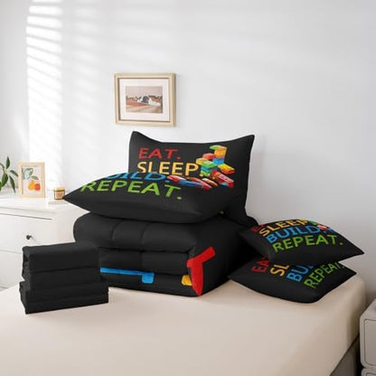 Feelyou Colorful Toy 7 Piece Bedding Set Teen Women Men Funny Building Blocks Decoration Comforter Set with Sheets Twin Size Kids Boys Cute Games Bed in a Bag Colorful Geometric Brick Room Decor