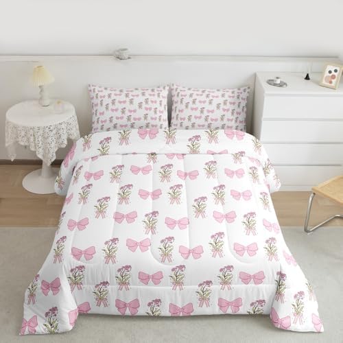 Castle Fairy Pink Bowknot Comforter Set Toddler Size,Vintage Farmhouse Pink Floral Bedding Set,Kids Teens Adult Room Decor,Dreamy Girly Style Down Comforter,2 Pcs 1 Pillowcase