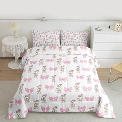 Castle Fairy Pink Bowknot Comforter Set Toddler Size,Vintage Farmhouse Pink Floral Bedding Set,Kids Teens Adult Room Decor,Dreamy Girly Style Down Comforter,2 Pcs 1 Pillowcase